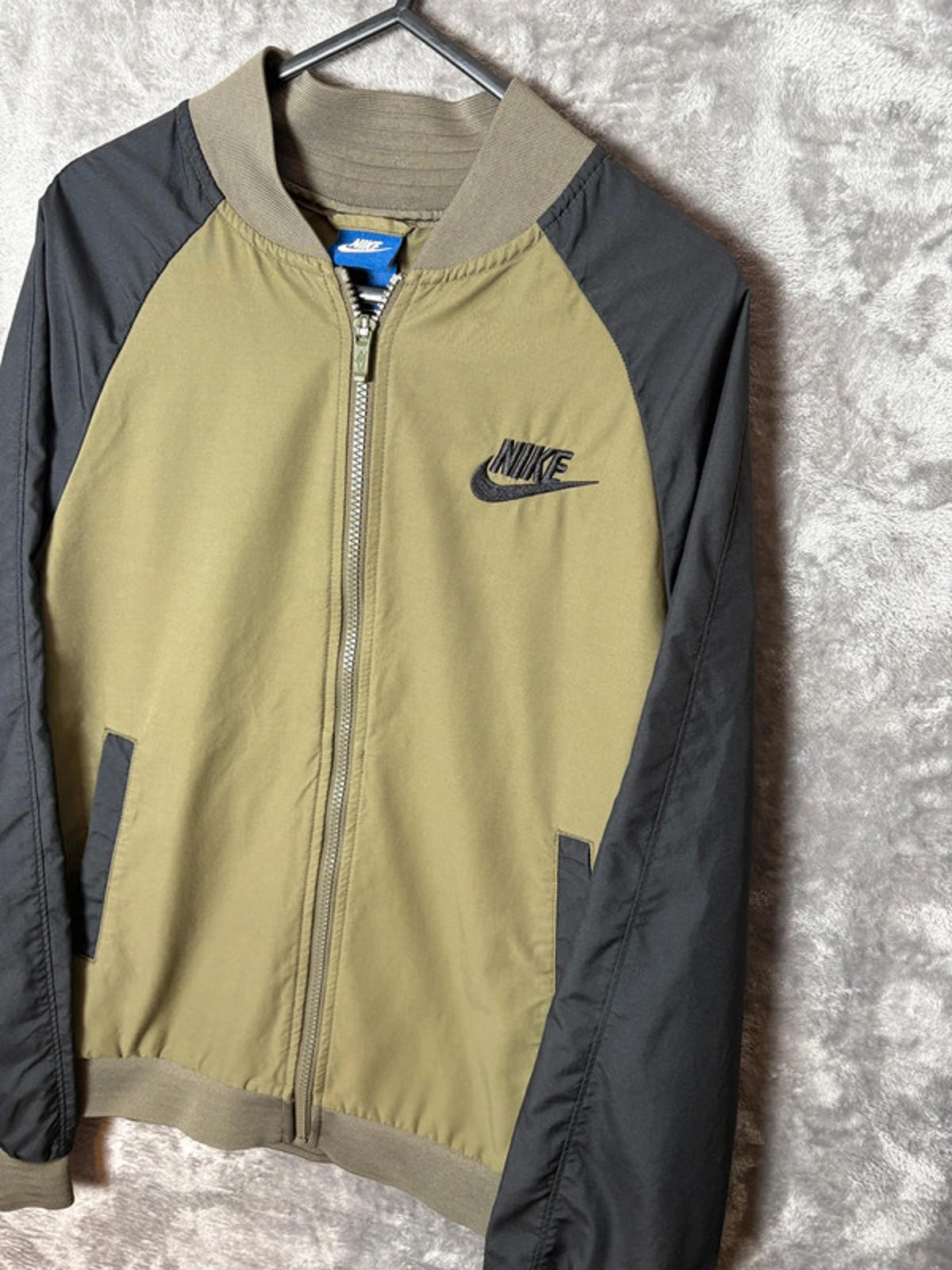 Nike Men’s Bomber Jacket Small Khaki Black Full Zip Logo Swoosh
