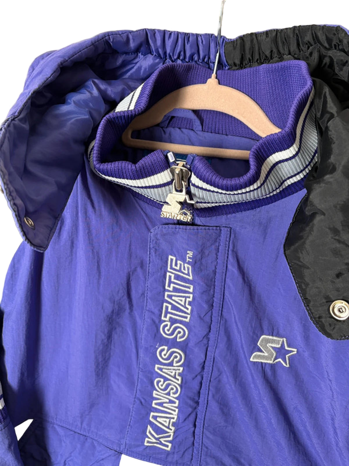 Vintage Starter Kansas State Wildcats Hooded Puffer Jacket Purple Black L