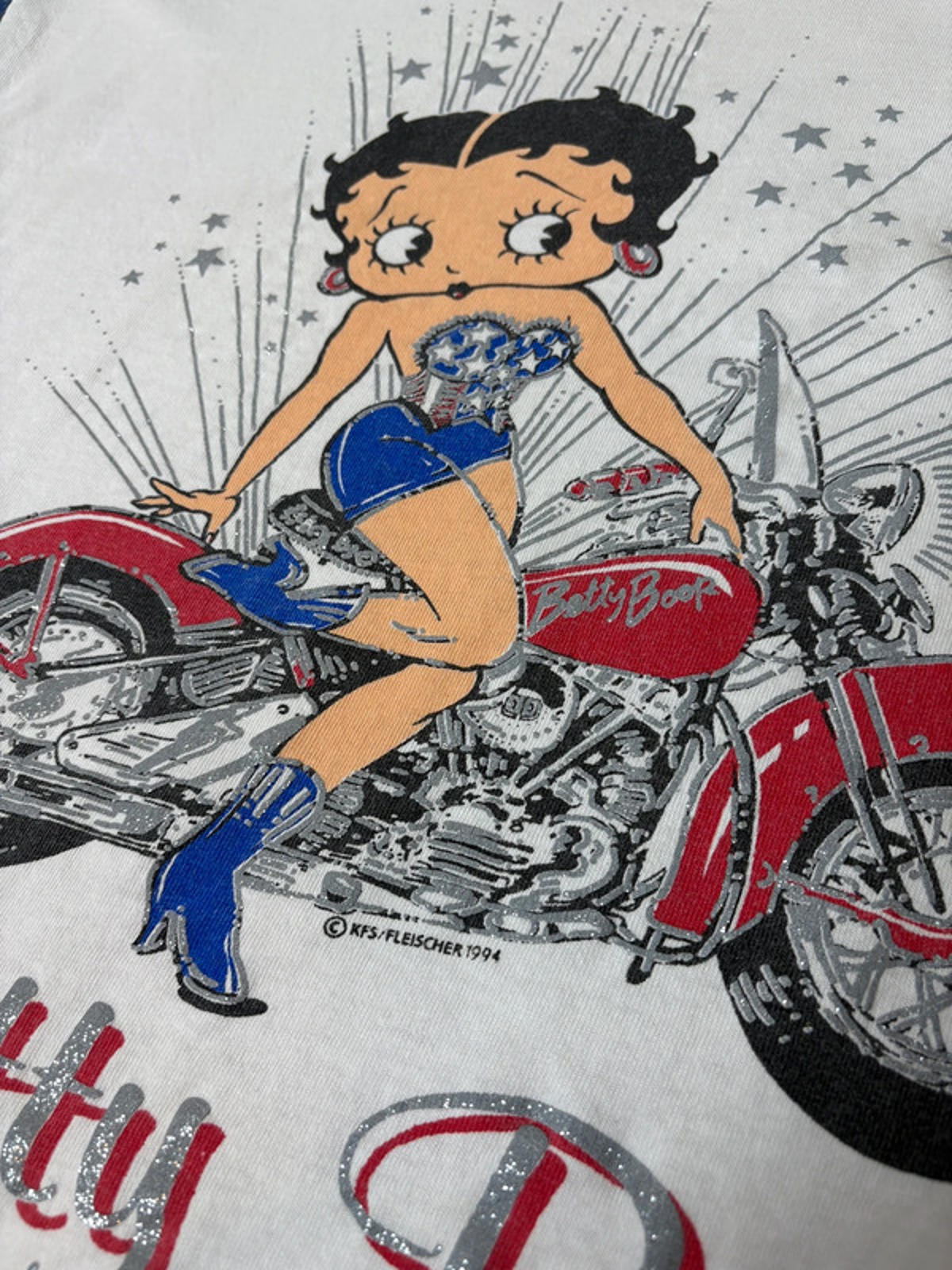 Vintage 1994 Betty Boop USA Flag Sleeves T-Shirt L Single Stitch Made in USA