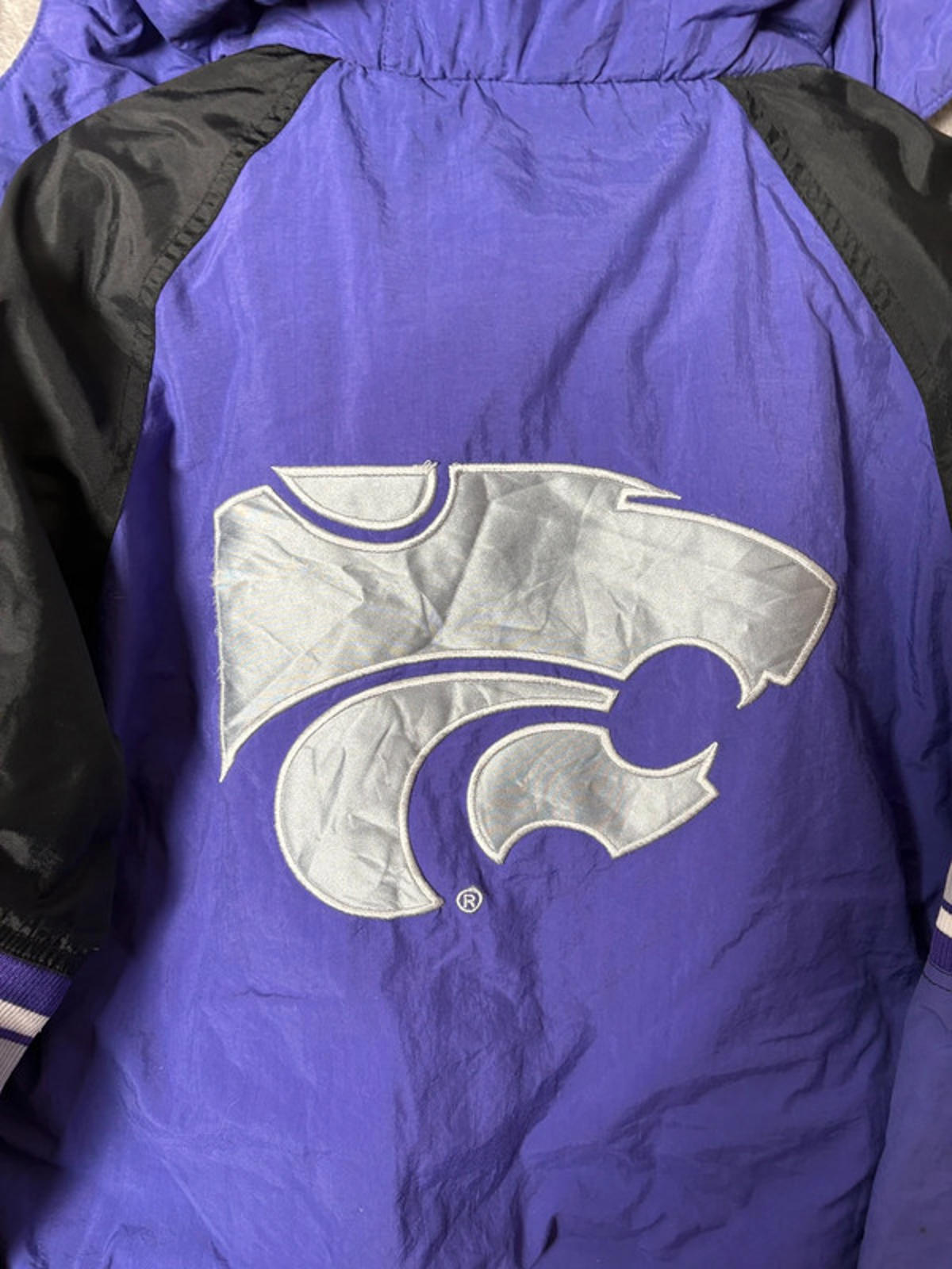 Vintage Starter Kansas State Wildcats Hooded Puffer Jacket Purple Black L
