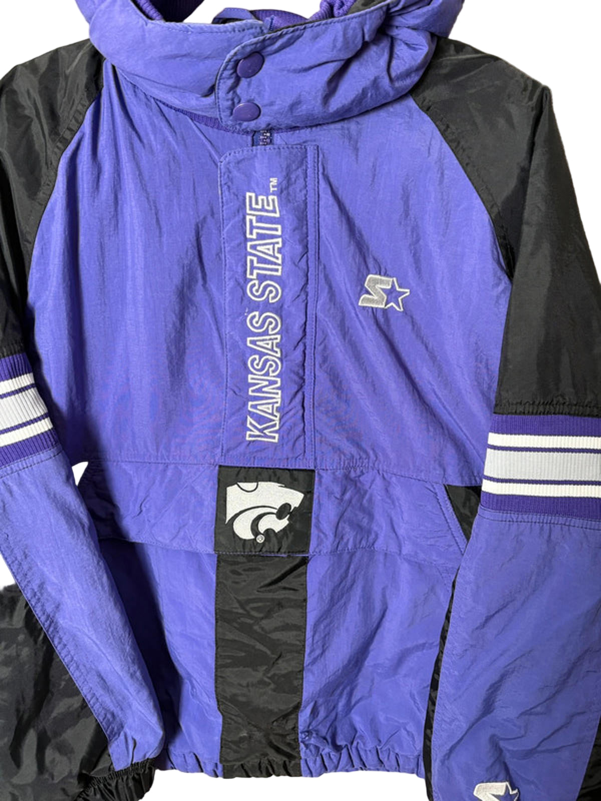 Vintage Starter Kansas State Wildcats Hooded Puffer Jacket Purple Black L