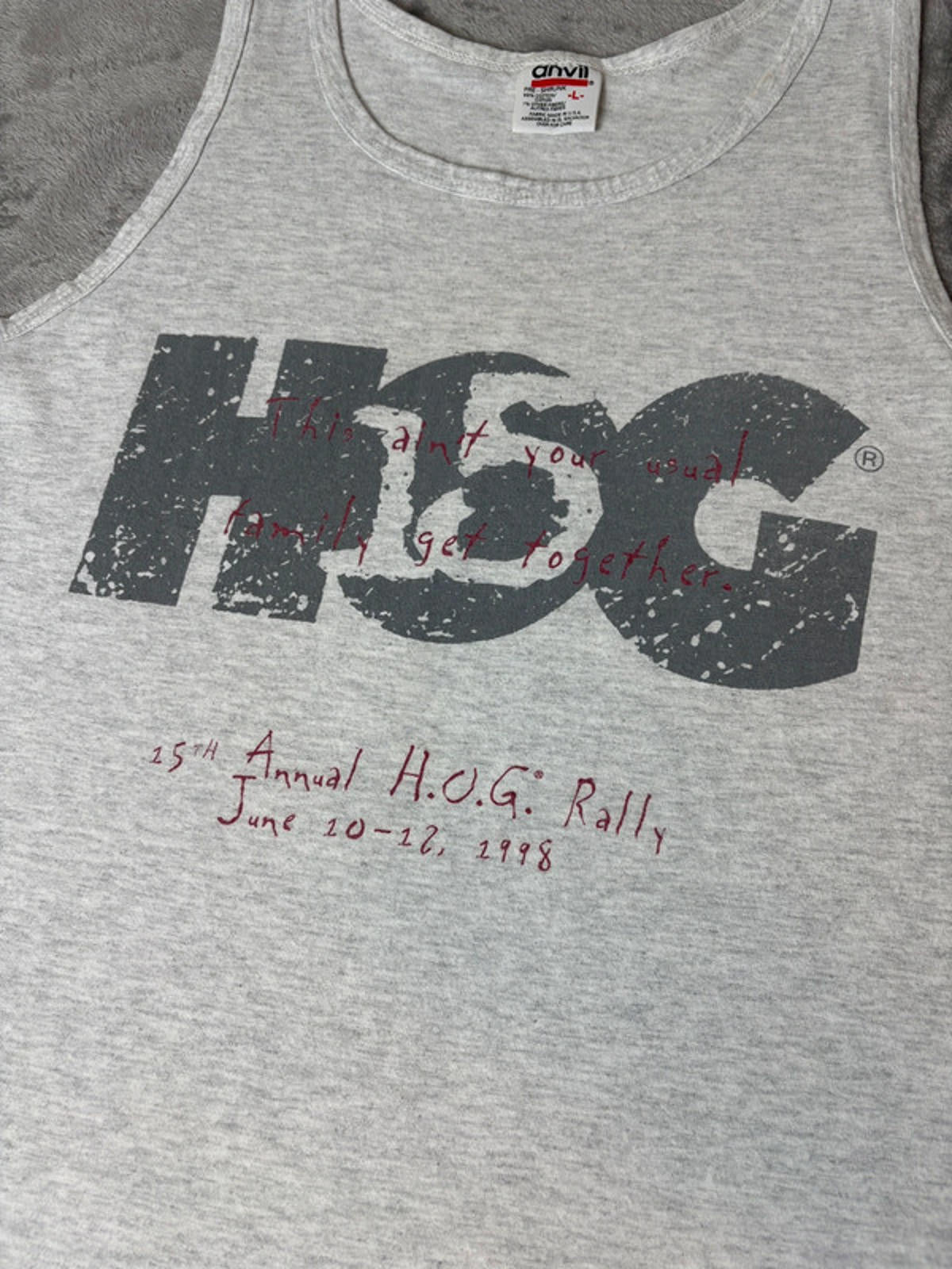 Vintage 1998 Harley H.O.G. Rally Tank Top (Men’s L) Gray Anvil USA 15th Anniver