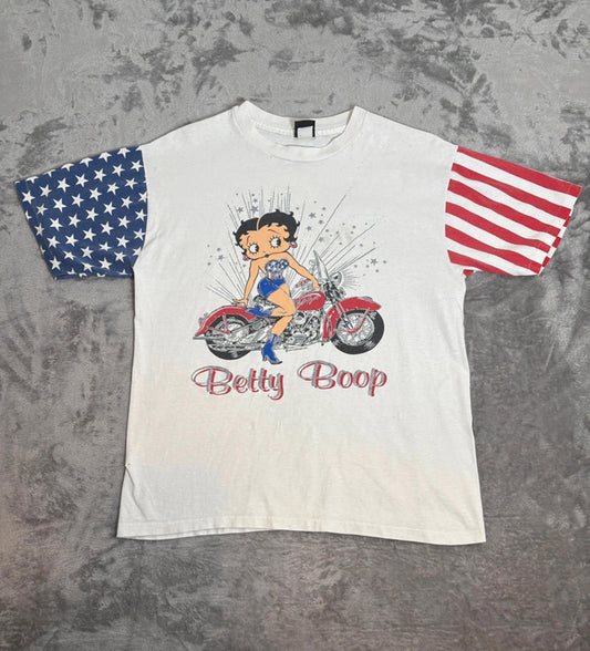 Vintage 1994 Betty Boop USA Flag Sleeves T-Shirt L Single Stitch Made in USA