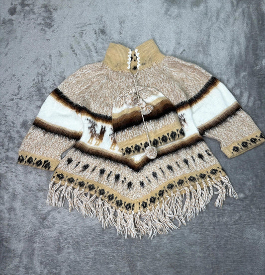 Handmade Peruvian Alpaca Baby Poncho with beanie (Up to 2Y) Beige Brown Fringe