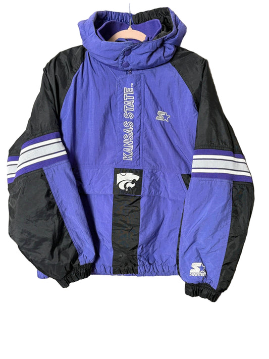 Vintage Starter Kansas State Wildcats Hooded Puffer Jacket Purple Black L