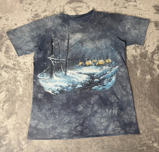 Vintage Winter Landscape Tie-Dye Tee (L) Single Stitch Native Camp Scene 90s Art