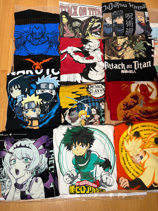 Anime Graphic T-Shirt Mystery Bundle (15Tees – Mixed Sizes & Graphics, Grade A)