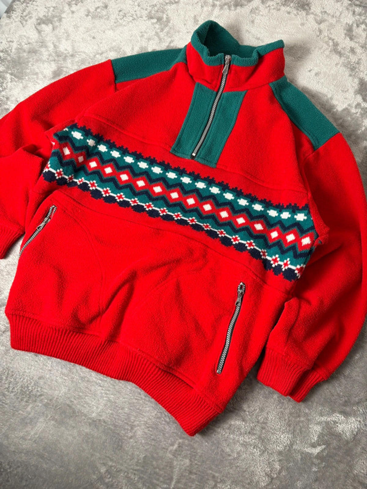 Vintage Hot Stuff Red Fleece Knit Panel 1/4 Zip Pullover Jumper Men’s Large