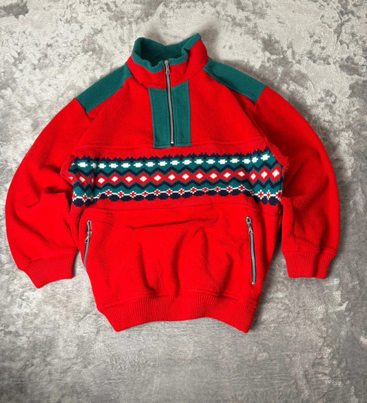 Vintage Hot Stuff Red Fleece Knit Panel 1/4 Zip Pullover Jumper Men’s Large